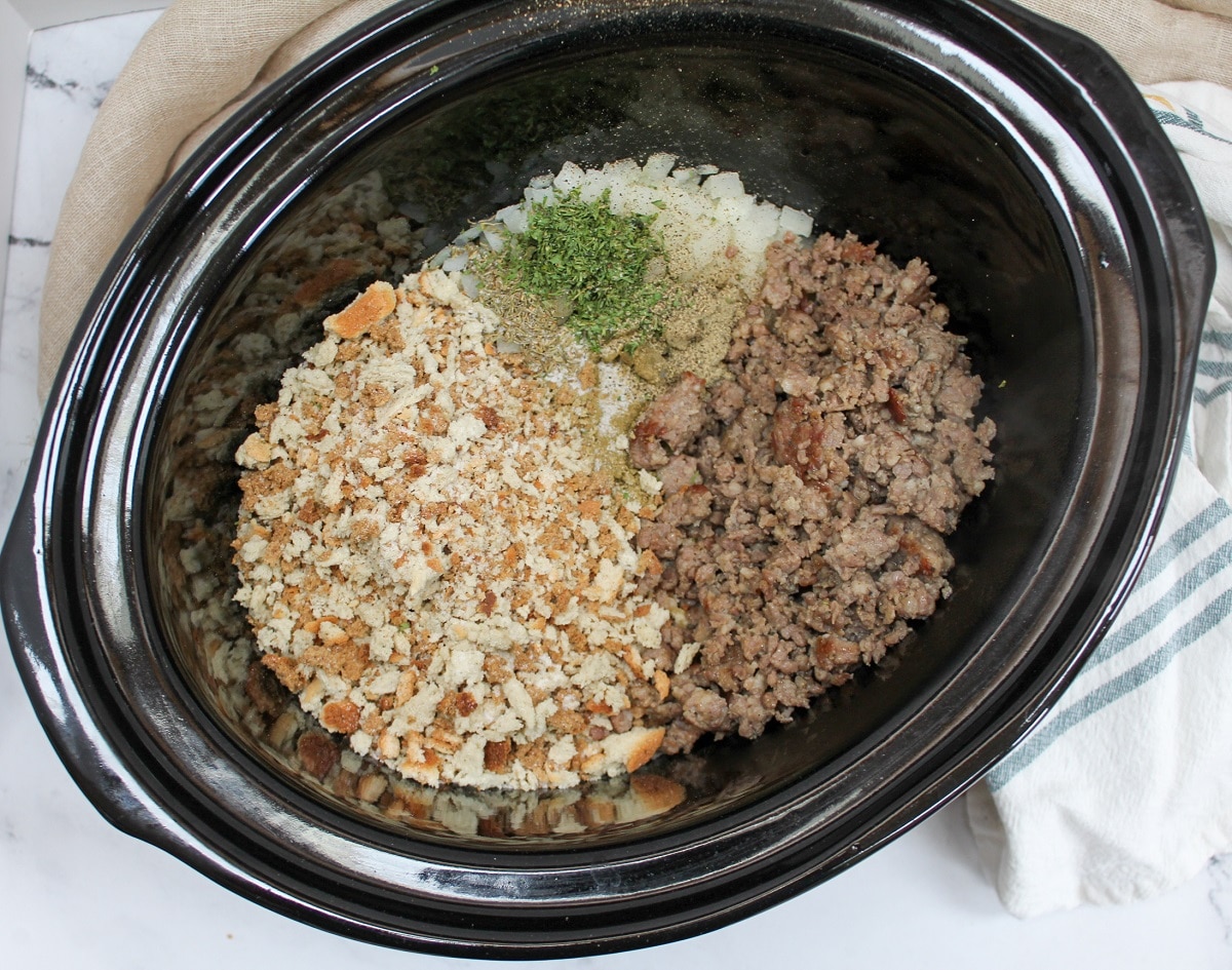 slow cooker sausage stuffing ingredient in a slow cooker