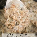slow cooker sausage stuffing on a spoon