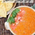 slow cooker chorizo queso dip with tomatoes and cilantro with chips on the side