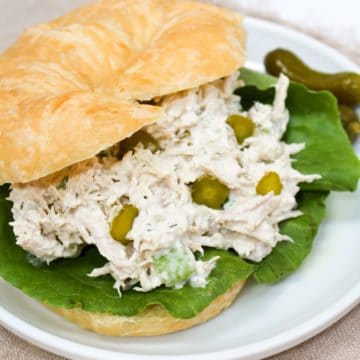 dill pickle chicken salad on a croissant