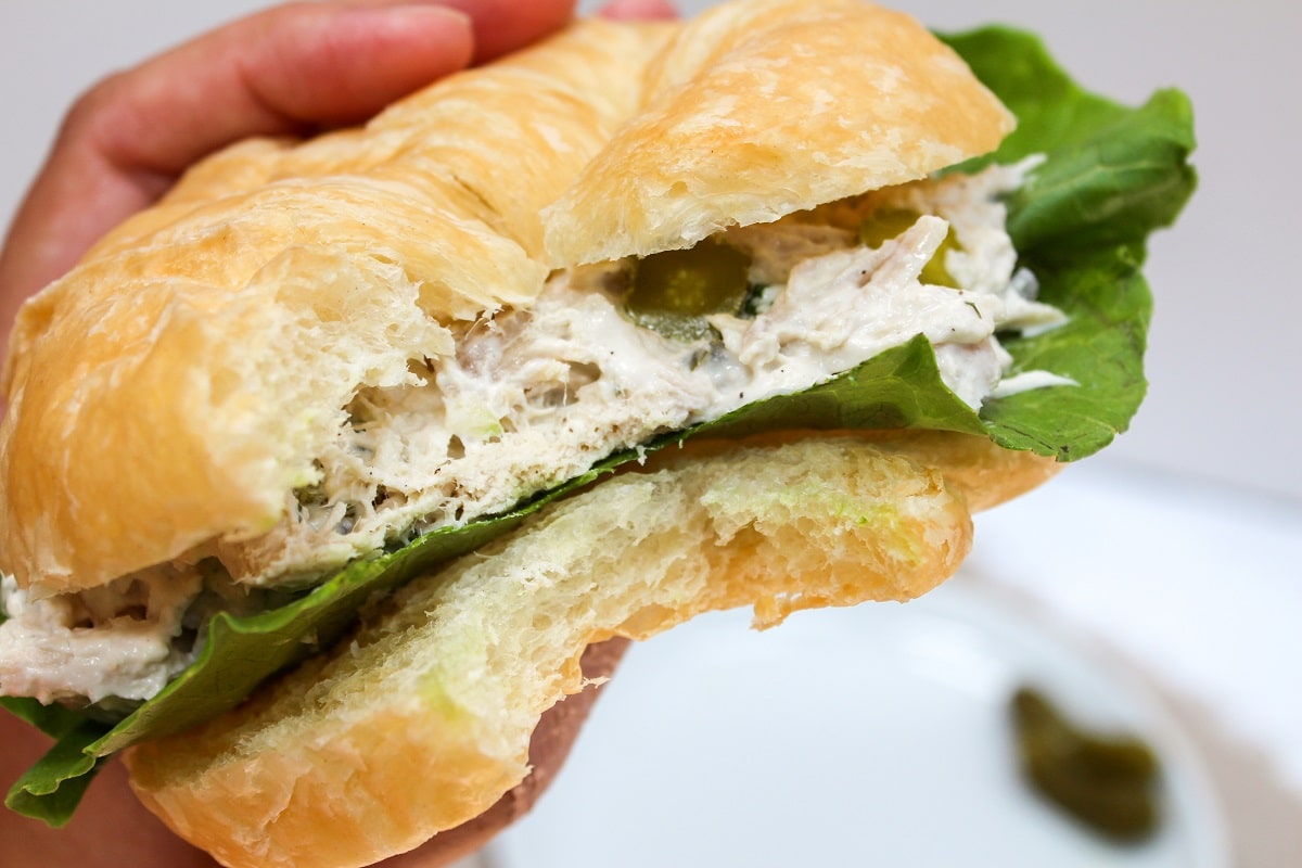 dill pickle chicken salad on a croissant held in hand
