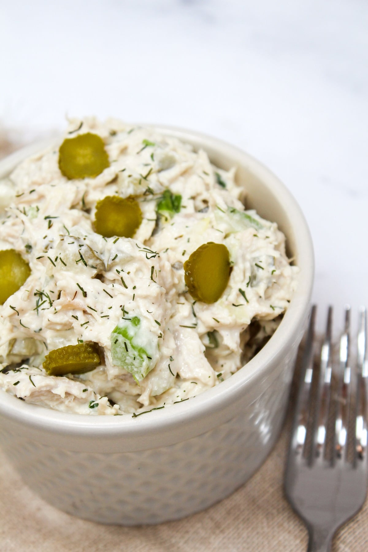 dill pickle chicken salad in a bowl