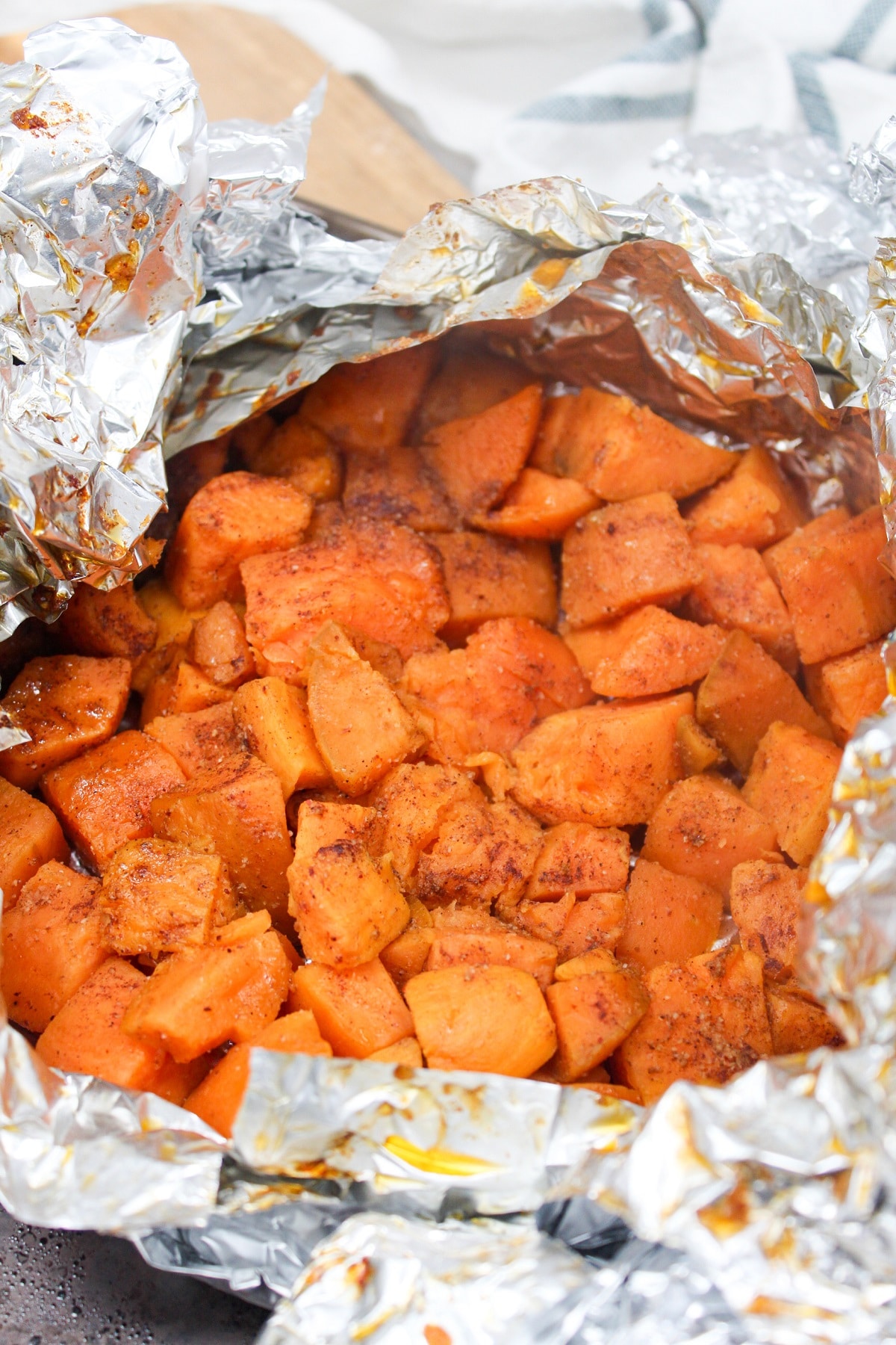 grilled sweet potatoes in a foil packet.