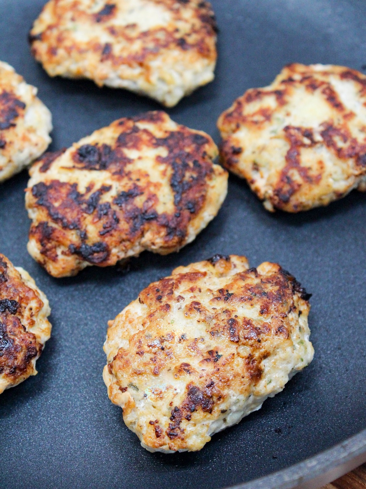 chicken formed into sausage patties. Cooked in a skillet till golden brown.