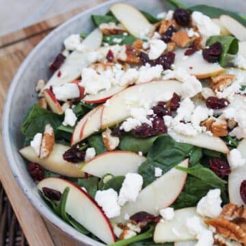 spinach in a gray bowl topped with sliced apples, pecans, crumbled feta cheese, and dried cranberries.