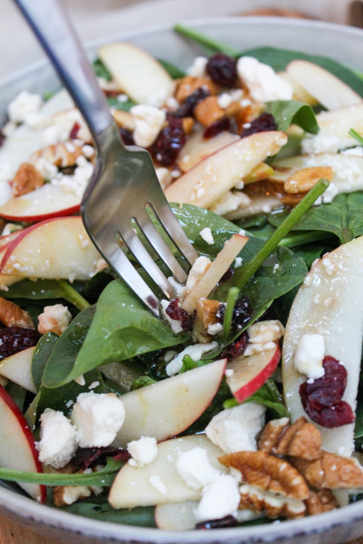 spinach in a gray bowl topped with sliced apples, pecans, crumbled feta cheese, and dried cranberries. Eaten from the bowl with a fork.