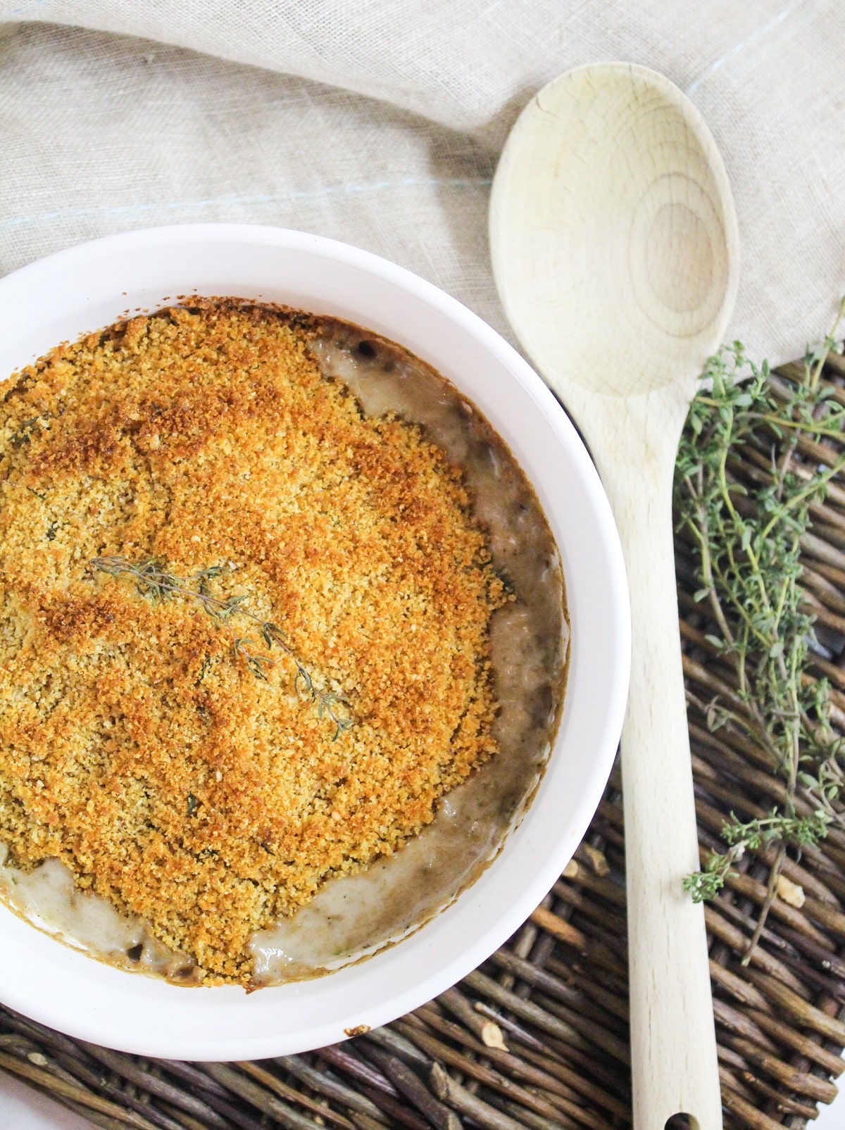 creamy mushrooms baked with a breadcrumb topping topped with fresh thyme. 