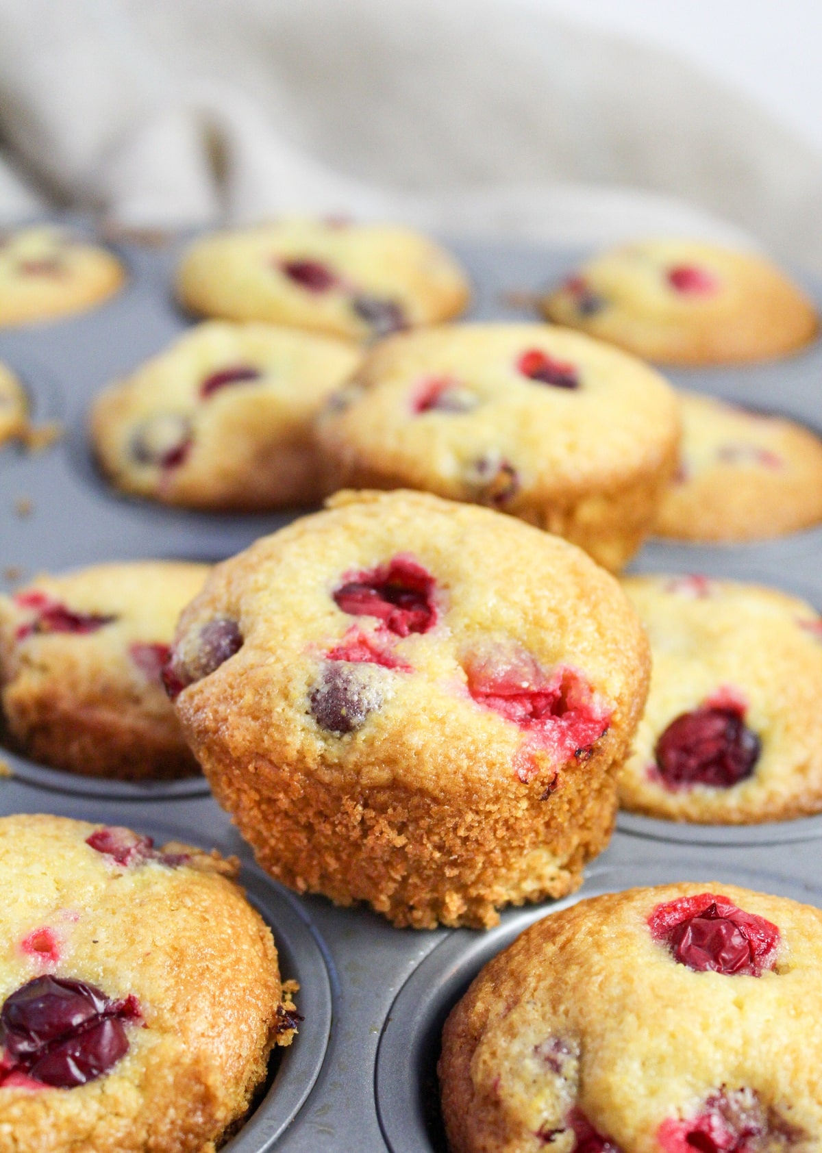 muffins in a muffin tin. Golden brown and topped with fresh cranberries.