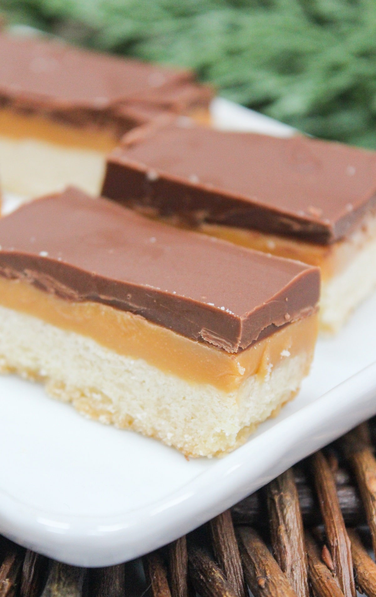 Cookie style bars cut into rectangles. The bars are layers wit h shortbread on the bottom, then caramel, and chocolate on top.