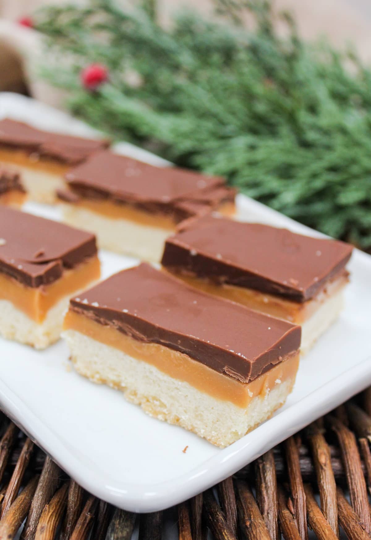 Cookie style bars cut into rectangles. The bars are layers wit h shortbread on the bottom, then caramel, and chocolate on top.