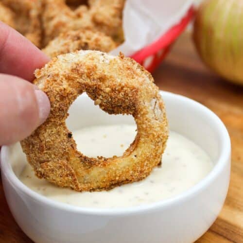 cooked onion ring dipped in ranch.