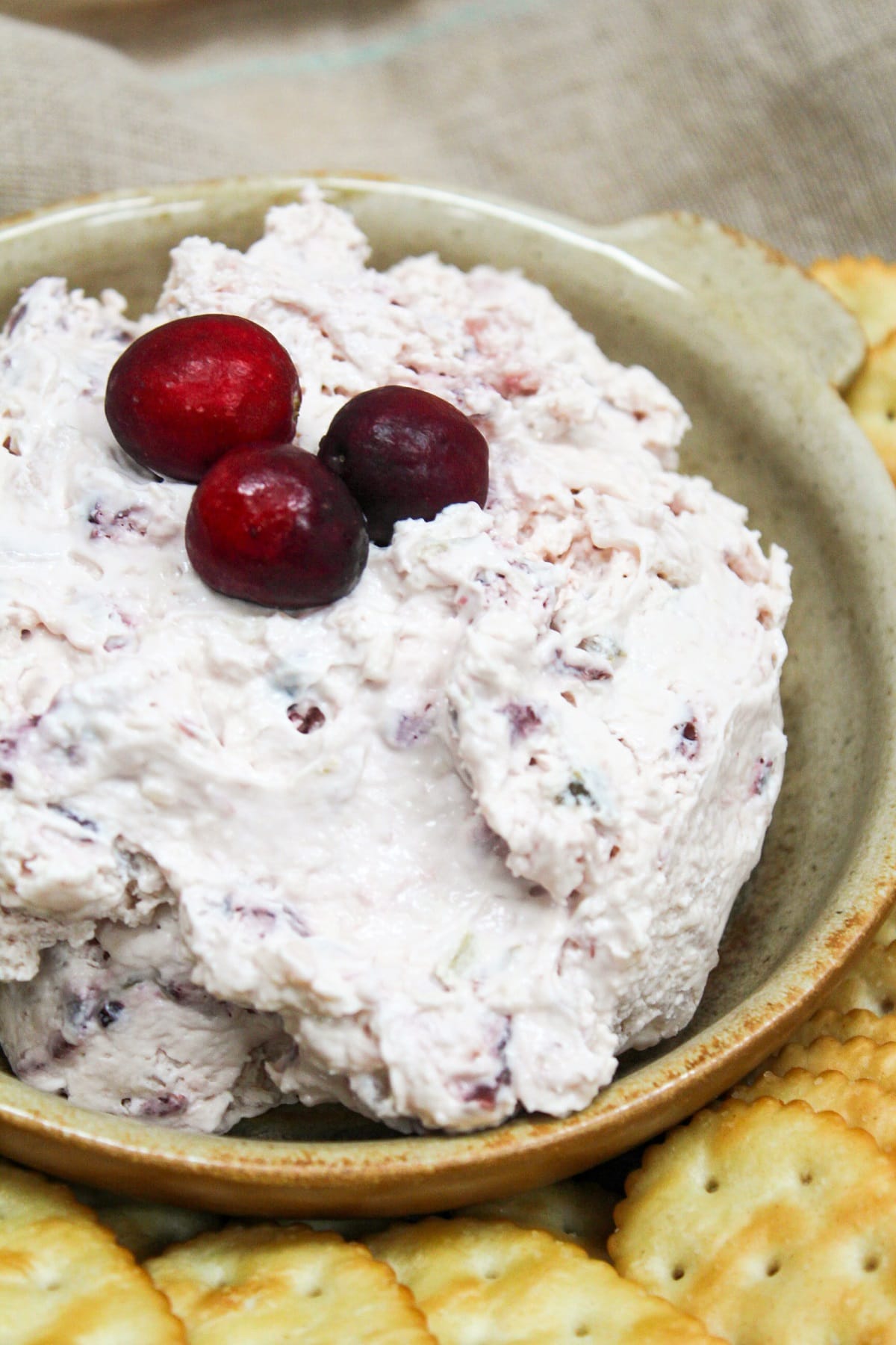 pink cranberry jalapeno dip topped with fresh cranberries on a bowl. Crackers are served on the side of the bowl.
